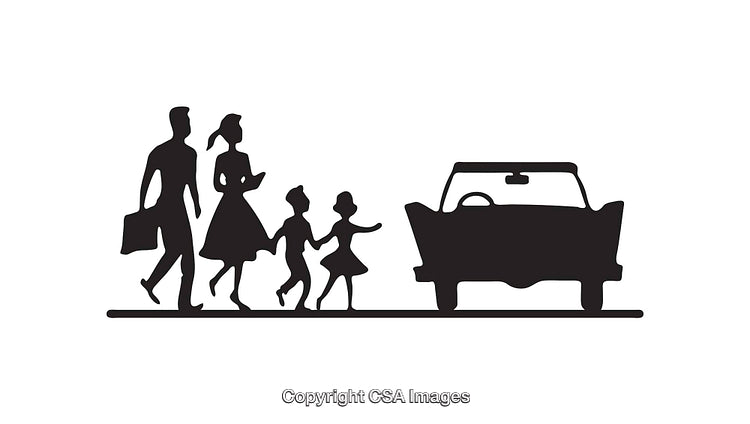 Silhouette Family Walking Towards Car With Two Children