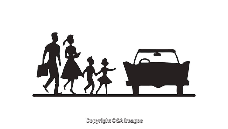 Silhouette Family Walking Towards Car With Two Children
