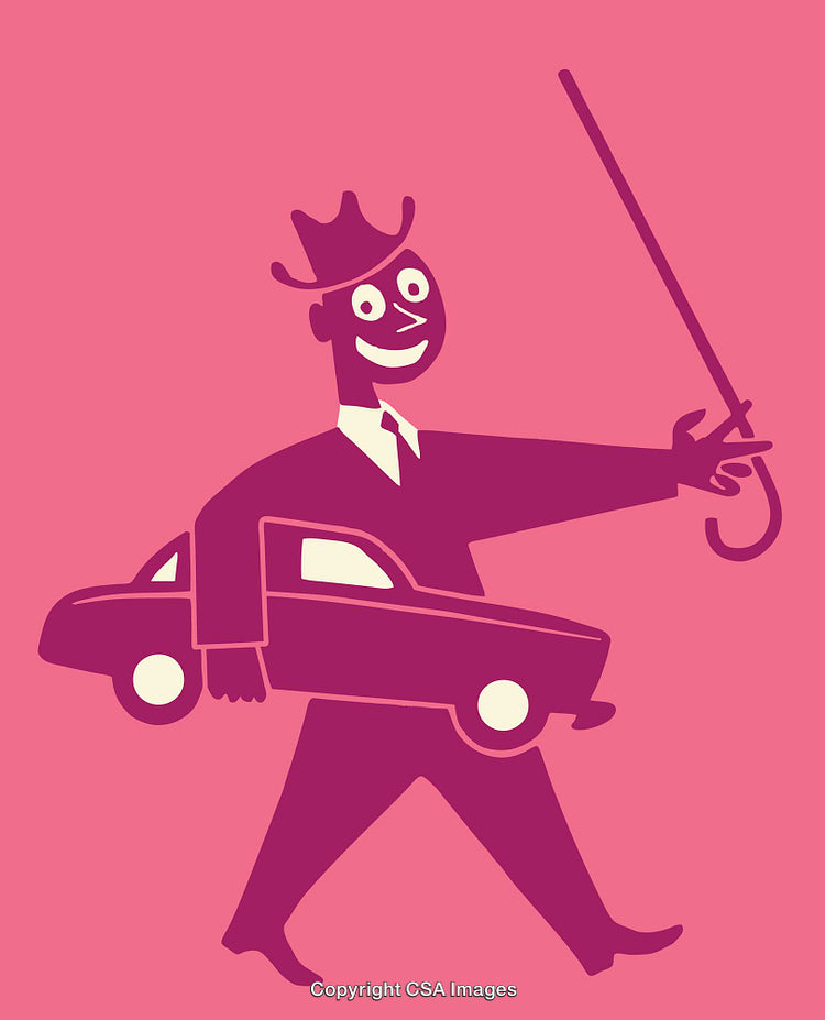 Cartoon Character Carrying a Car and Cane in Playful Style