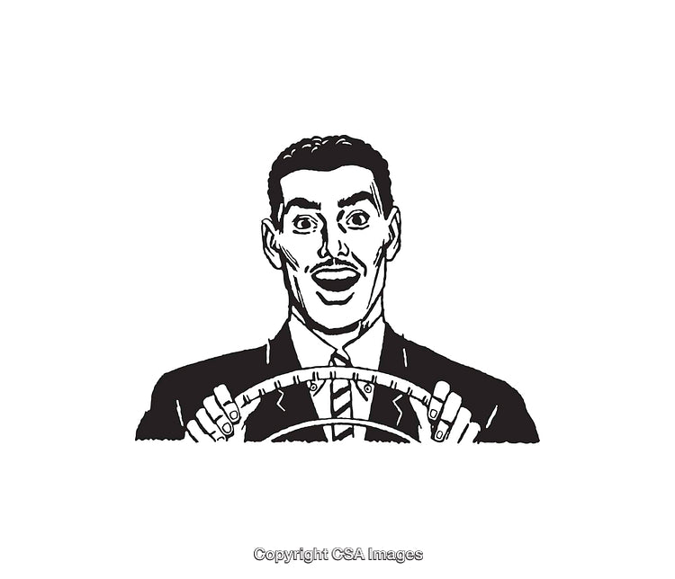 Black And White Drawing of a Man Driving a Car Smiling Joyfully