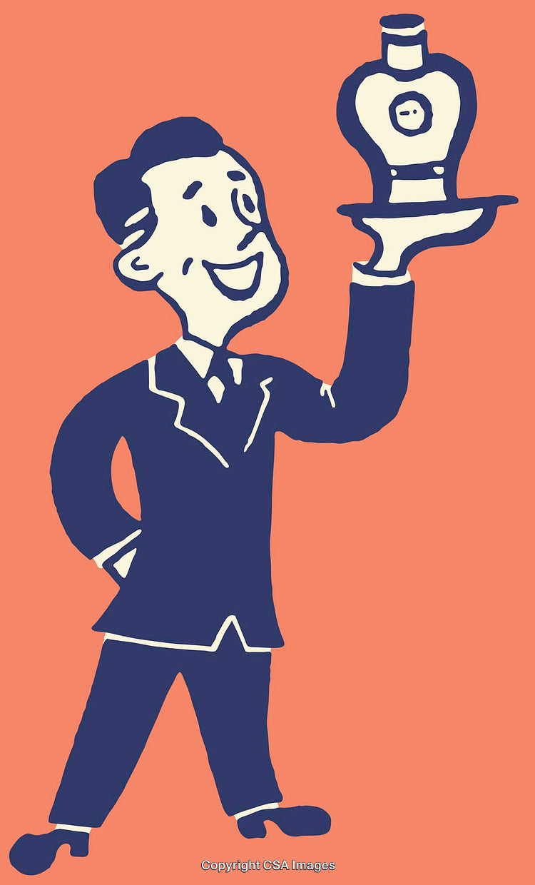 Vintage Illustration of Smiling Businessman Holding a Flask on Orange Background