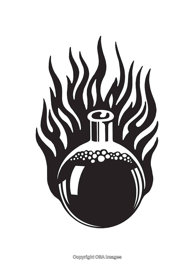 Stylized Line Art of a Flask with Flames Background
