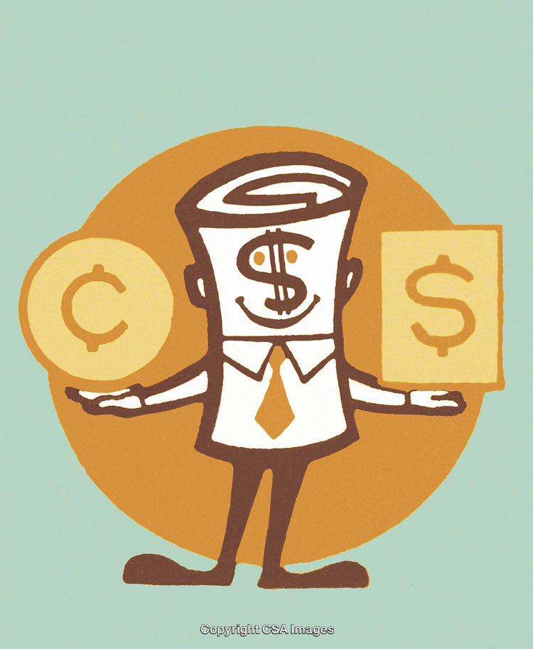 Cartoon Character Representing Financial Balance with Symbolic Money Elements