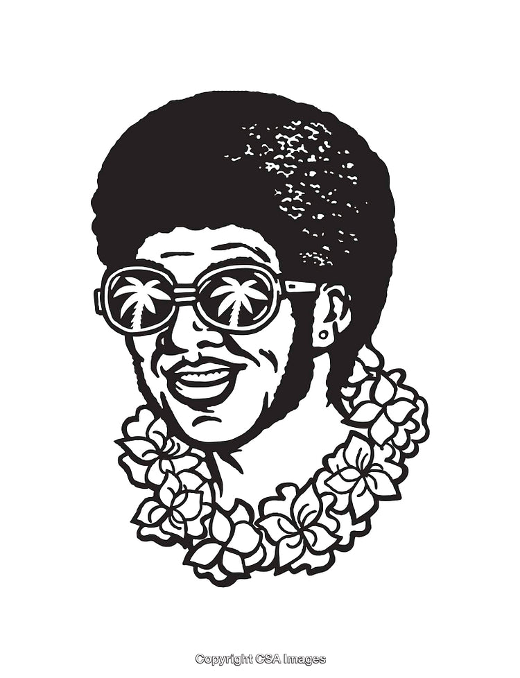 Black and White Line Art of a Smiling Character with Hawaiian Elements
