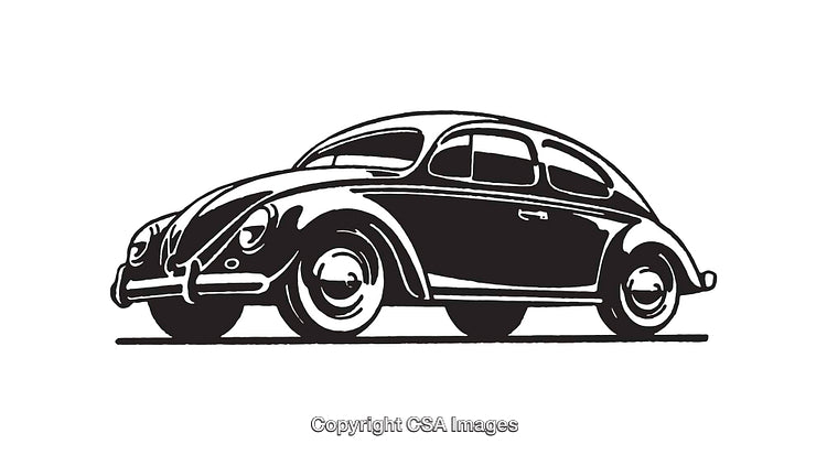 Vintage Black-and-White Line Art Illustration of a Classic Compact Car