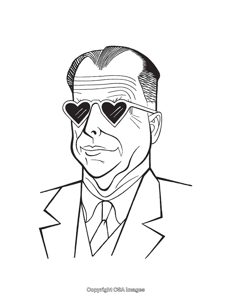 Black and White Line Art of Man Wearing Heart-Shaped Sunglasses