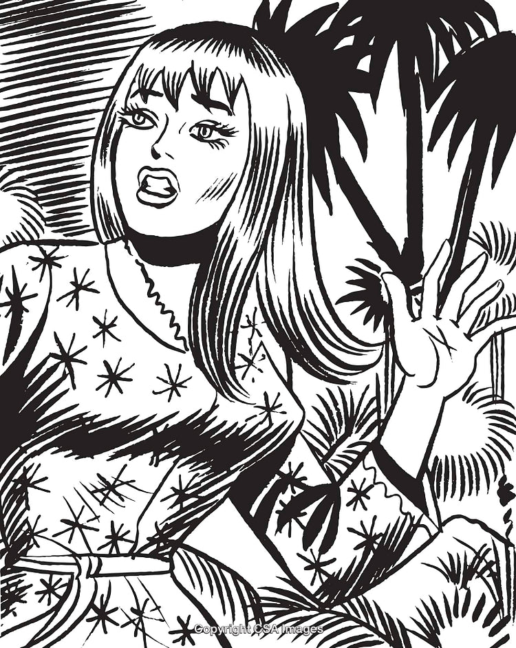 Black and White Illustration of a Surprised Woman in a Tropical Forest