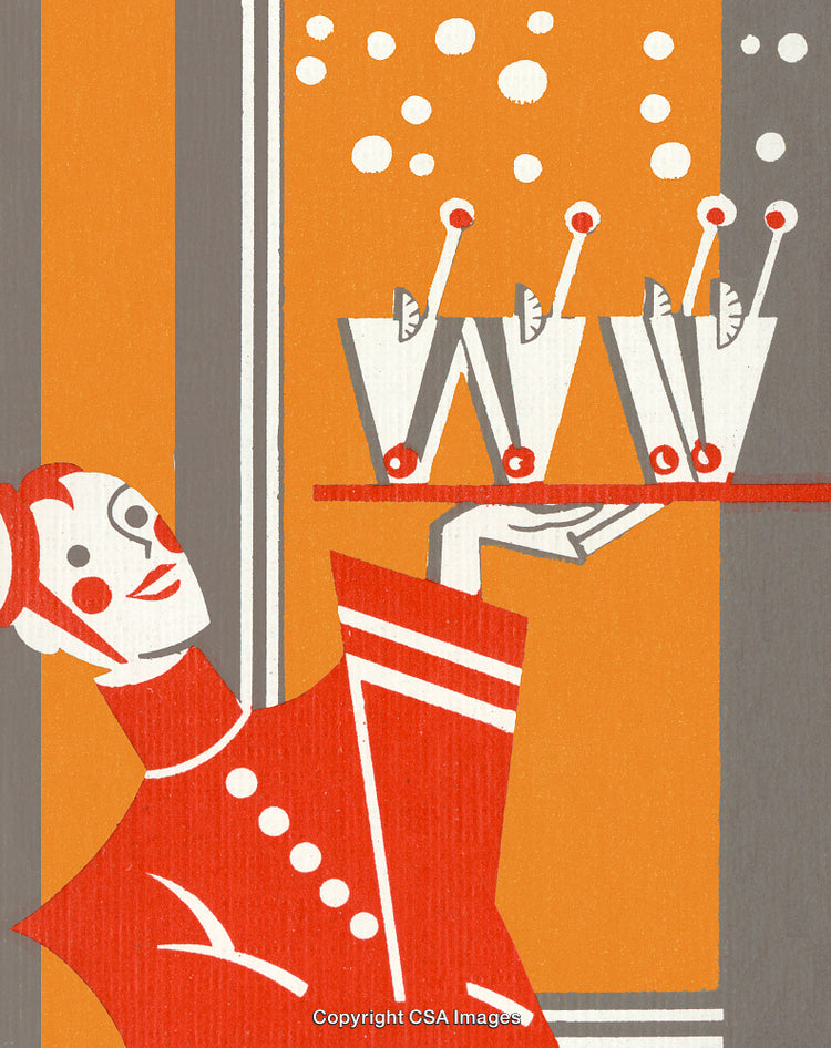 Vintage Illustration of a Server With Cocktails in Art Deco Style