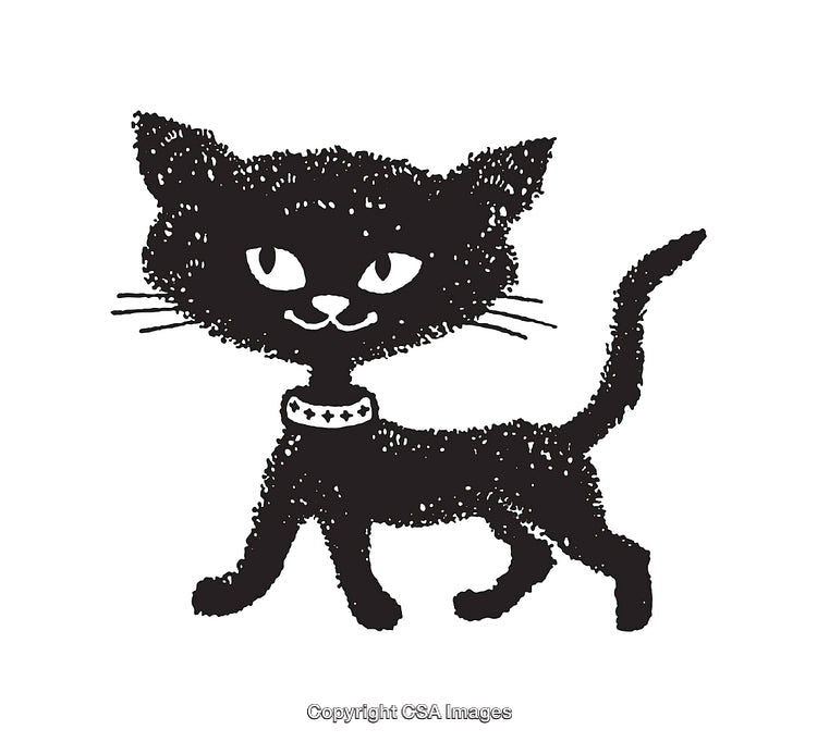 Black And White Illustration of a Cat Wearing a Collar