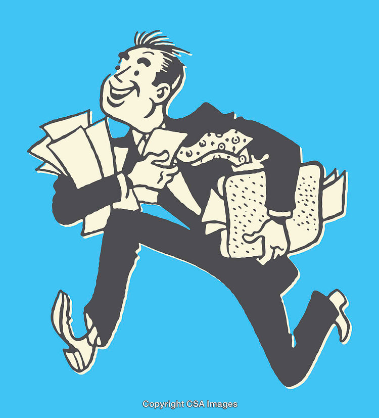 Retro Style Illustrated Businessman Rushing While Carrying Documents