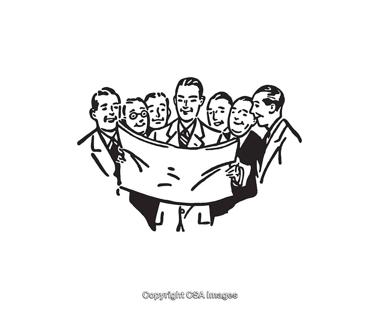 Team of Professionals Discussing a Project in Black and White Line Art
