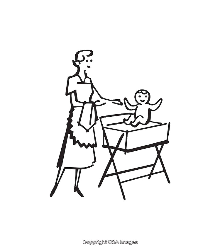 Vintage Line Art of Mother Caring for Baby at Changing Table