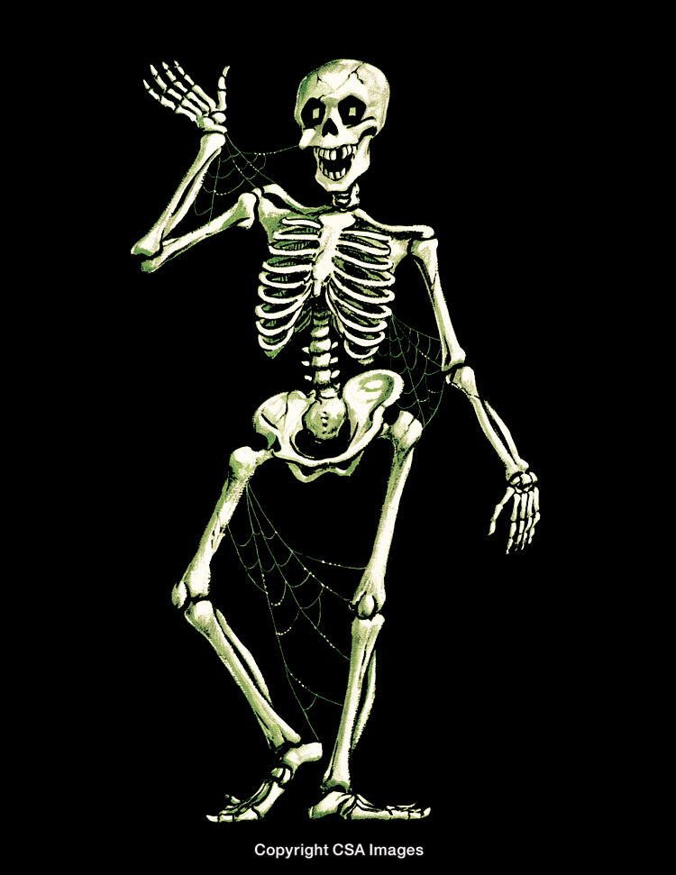 Dancing Skeleton Illustration with Cobweb Details on a Black Background