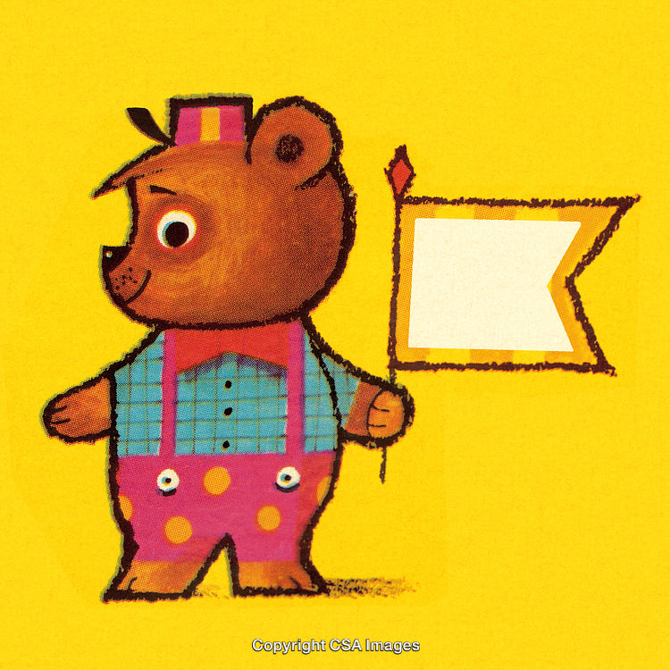 Illustration of a Bear Character Holding a Blank Flag on a Yellow Background