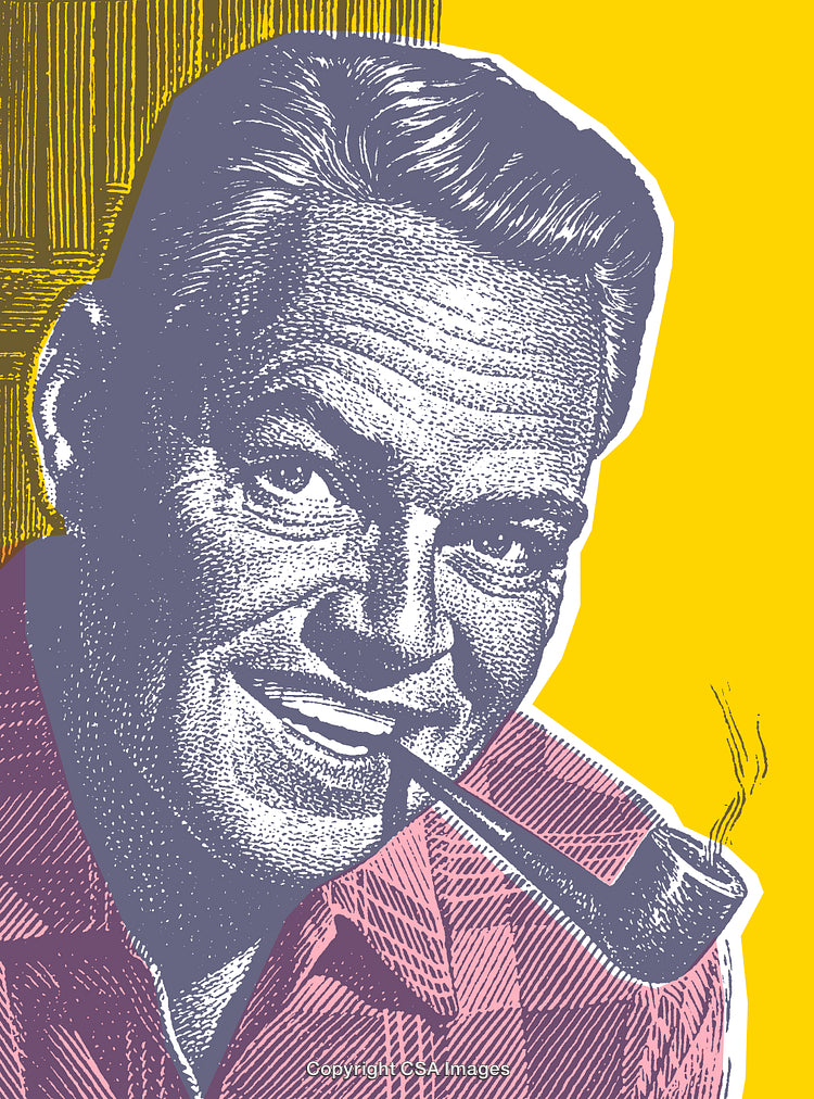 Retro Illustration of a Smiling Man Smoking a Tobacco Pipe on Vibrant Background
