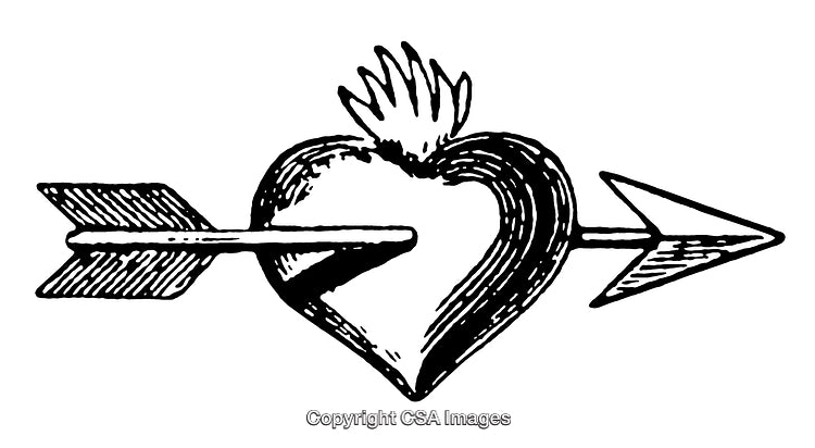 Vintage Black and White Engraving of a Heart Pierced by an Arrow