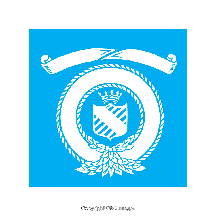 Elegant Blue and White Heraldic Emblem Design With Ribbon and Crest