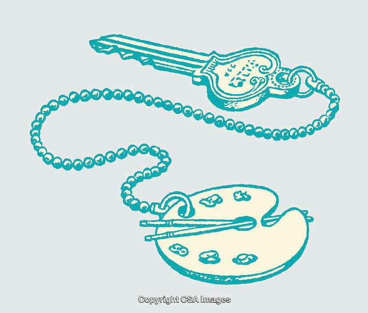 Vintage Key with Artistic Palette Line Art Illustration on Pale Background