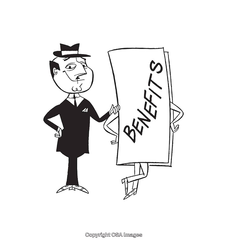 Black and White Illustration of a Businessman Interacting with a Benefits Sign