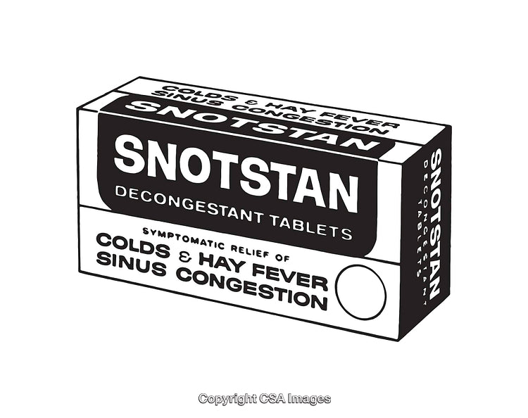 Black and White Line Art Illustration of Decongestant Tablet Packaging