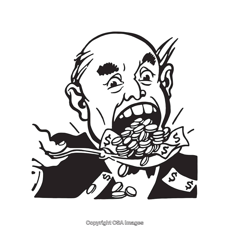 Black and White Illustration of Wealthy Individual Eating Dollar Bills and Coins