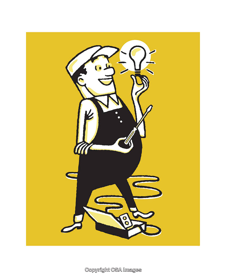 Retro Illustration of a Professional Electrician Holding a Glowing Light Bulb