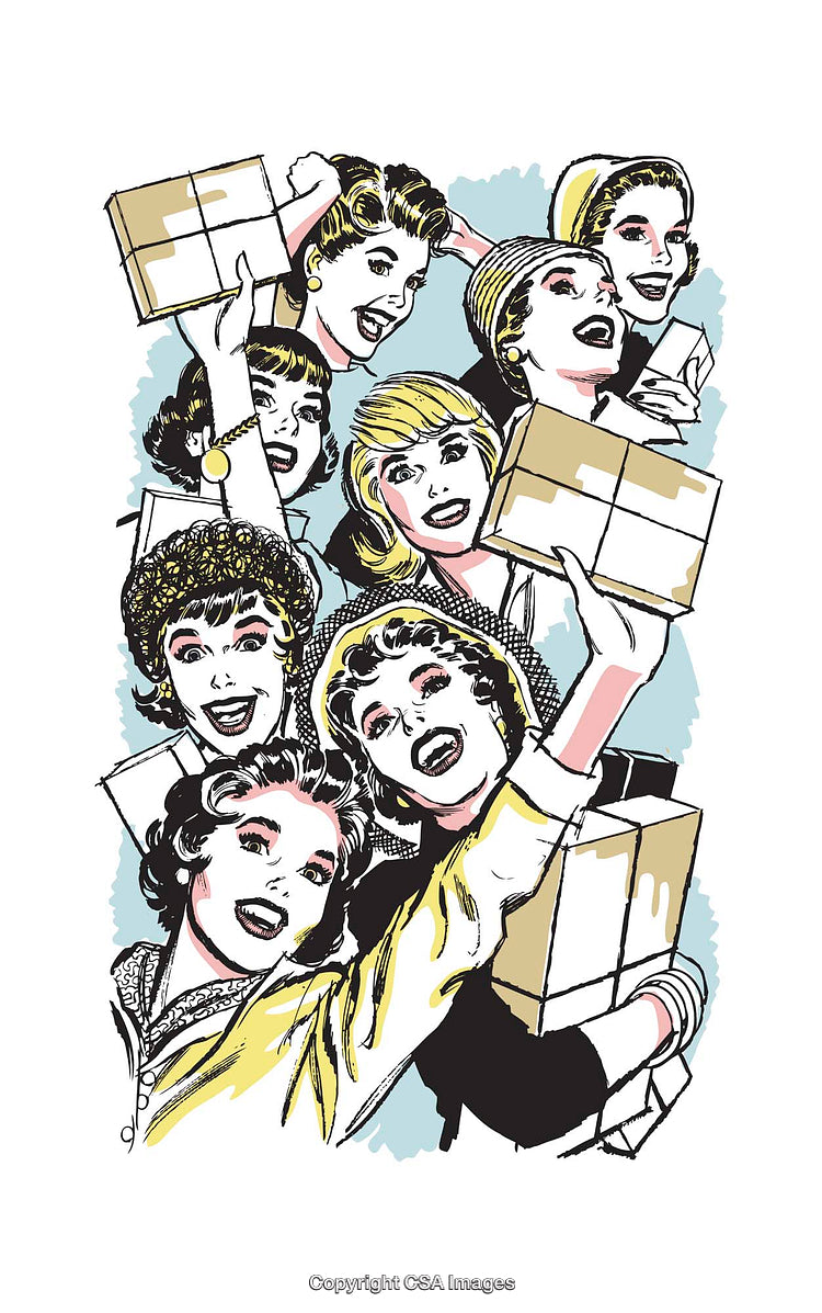 Colorful Illustration of Smiling Women Holding Boxes in a Cheerful Pose