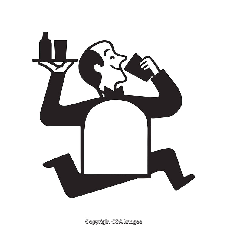 Vintage Styled Black and White Illustration of a Waiter in Motion