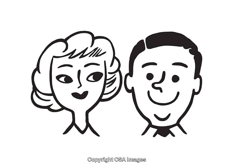 Black and White Line Art Illustrations of a Smiling Man and Woman