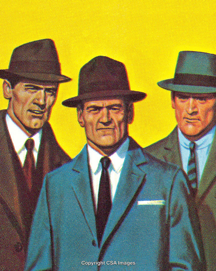 Retro Illustration of Three Men in Suits and Hats on Yellow Background
