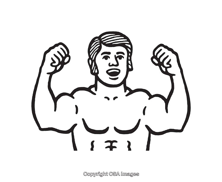 Black and White Line Art of a Muscular Person Flexing Arms