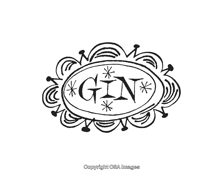 Vintage Styled Black and White Gin Illustration with Decorative Border