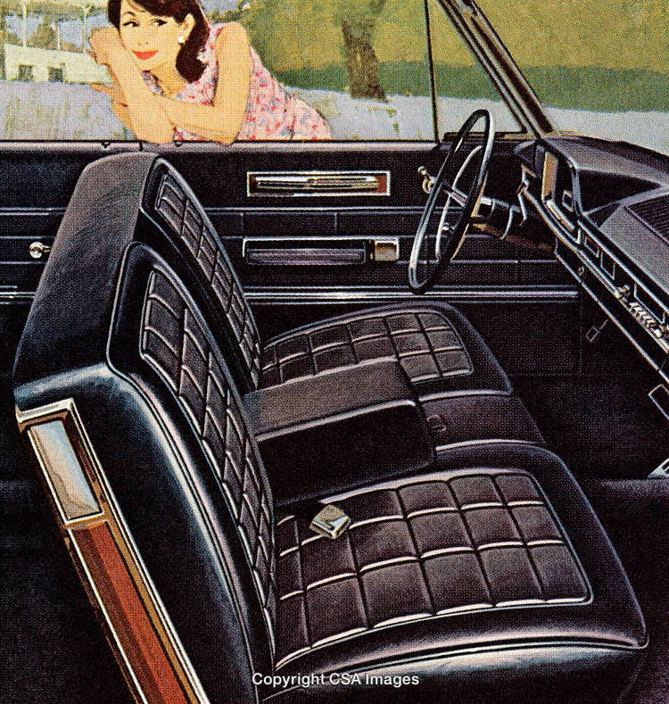 Retro Automobile Interior with Stylish Woman Leaning Outside in a Scenic Setting