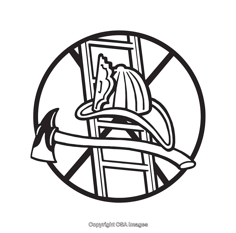 Black and White Firefighter Icon with Helmet, Axe, and Ladder Details