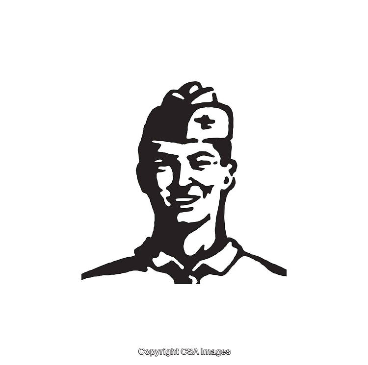 Black and White Line Art of a Smiling Medic in a Uniform