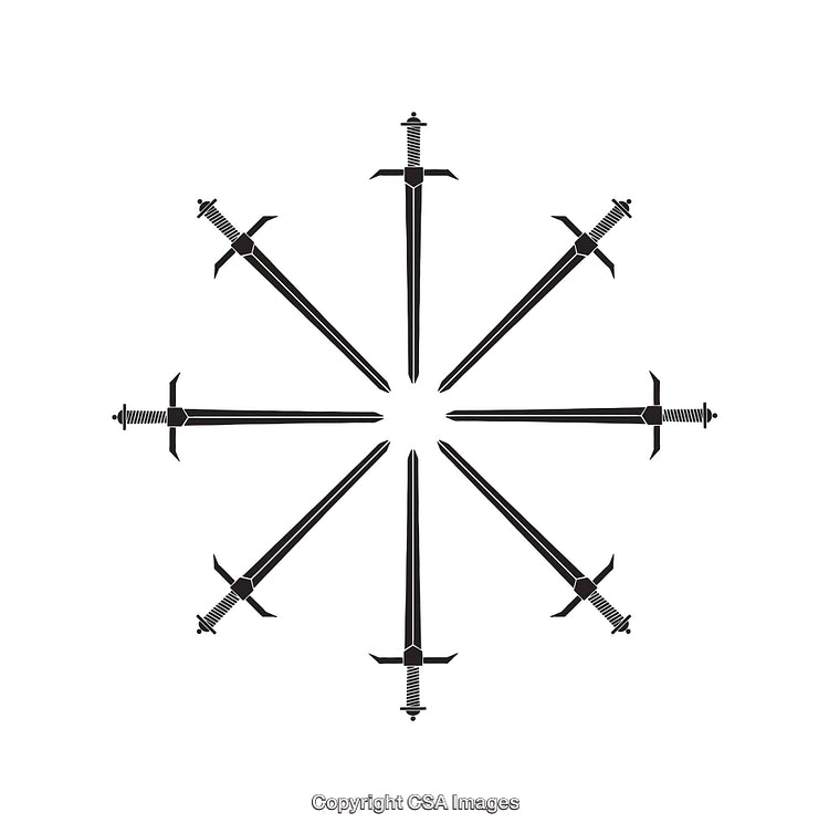 Black and White Circular Arrangement of Swords in an Intricate Design