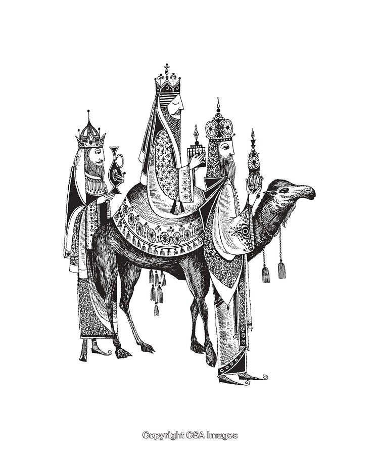 Black and White Line Art of Three Kings on a Camel