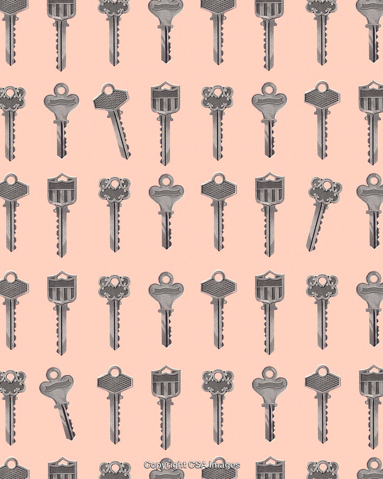 Seamless Pattern of Various Vintage Keys in Artistic Arrangement on Peach Background