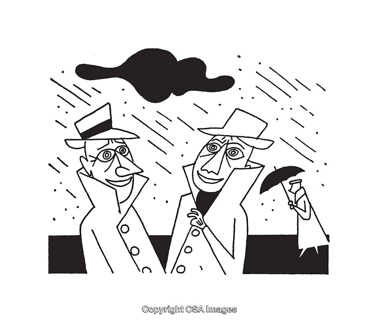 Black and White Line Art of People in Rainy Weather