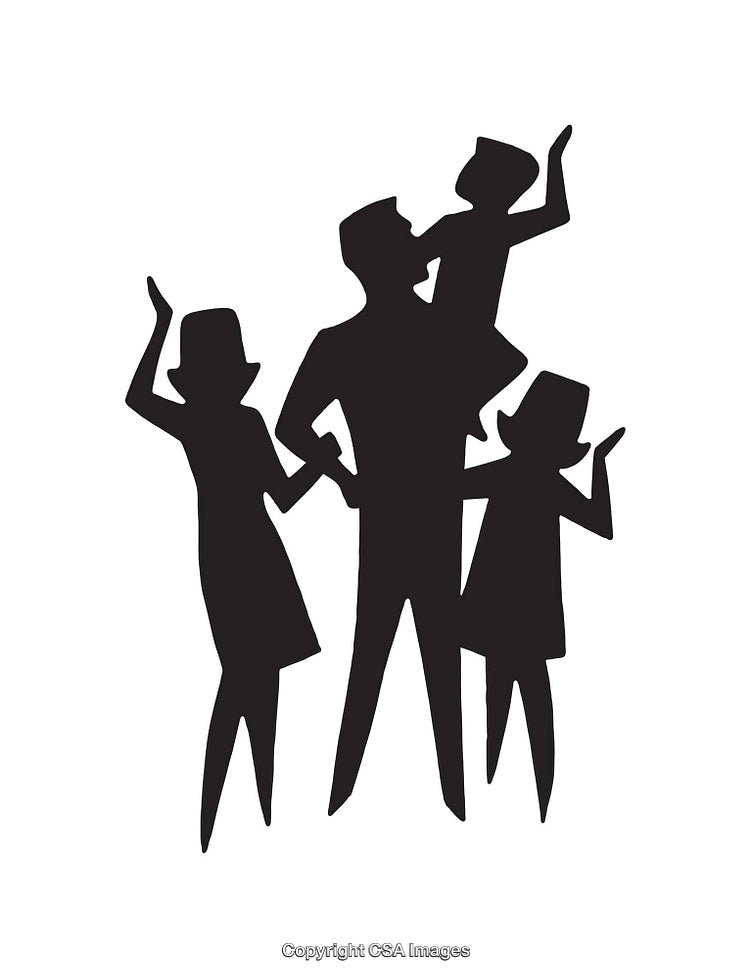 Silhouette of a Happy Family with Raised Hands and Joyful Gestures