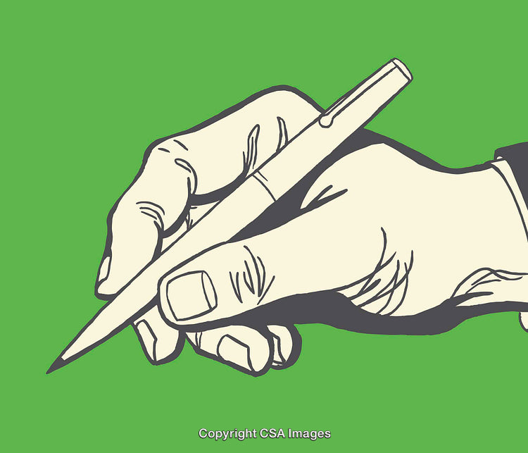 Illustration of Hand Holding a Pen in Line Art Style on Green Background