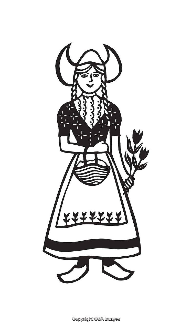 Traditional Folk Line Art of Woman in Apron with Flowers and Horned Hat