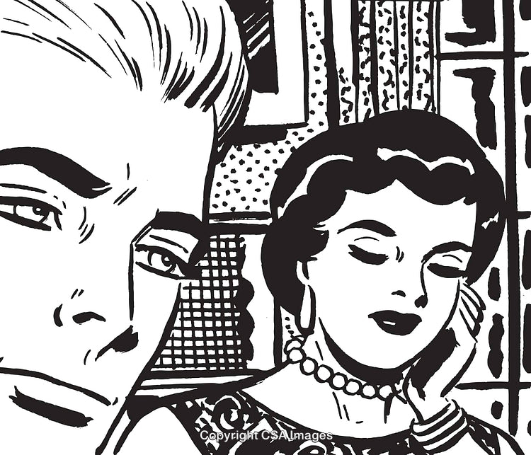 Retro Comic Style Illustration Showing Thoughtful Emotions of Two Characters