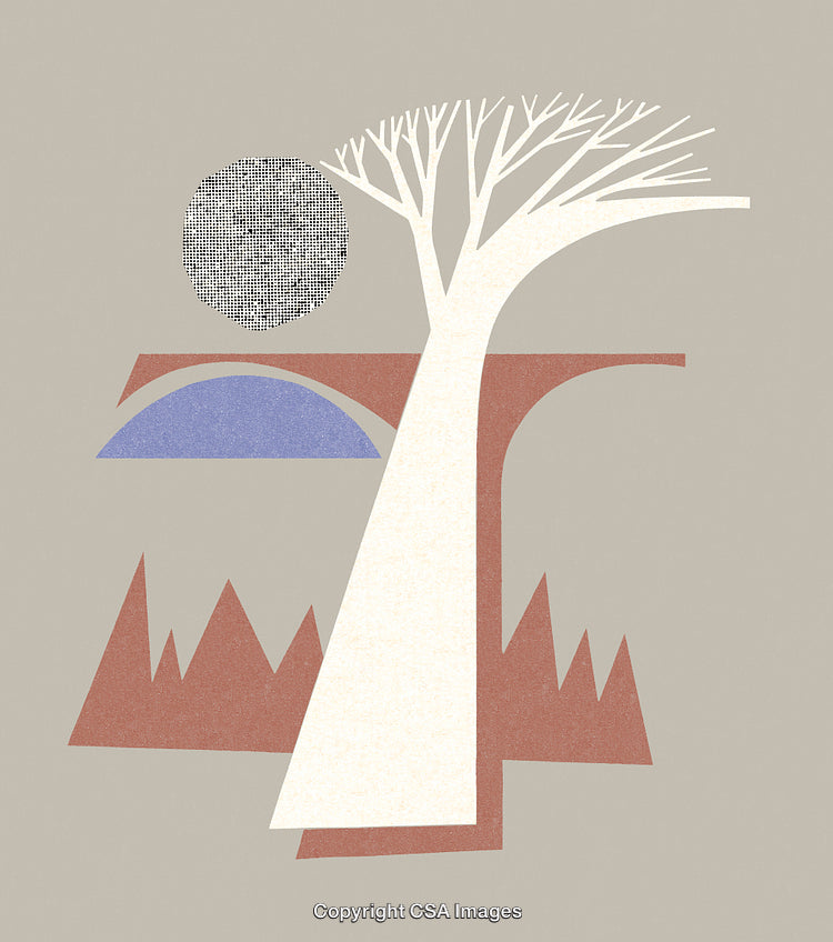 Abstract Illustration Featuring Tree, Geometric Shapes, Sun, and Earthy Tones