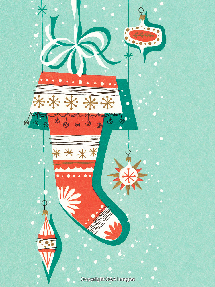 Festive Christmas Stocking with Ornaments Hanging on a Vintage Background