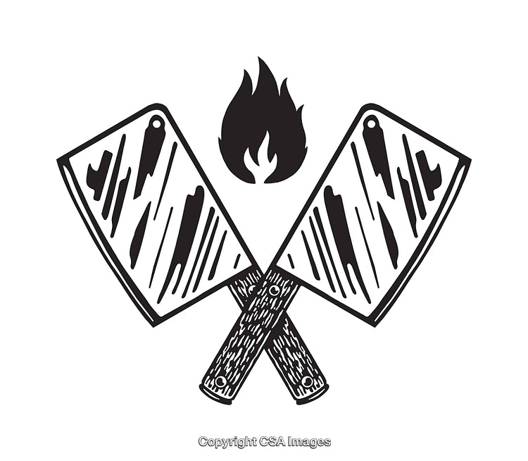 Crossed Butcher Cleavers with Burning Flame in Black and White Line Art