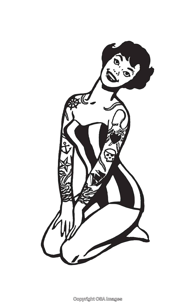 Black and White Pin-Up Style Line Art with Tattoo Design