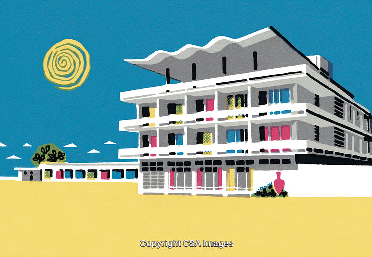 Stylized Retro Hotel Building Under a Bright Sun with Clear Skies