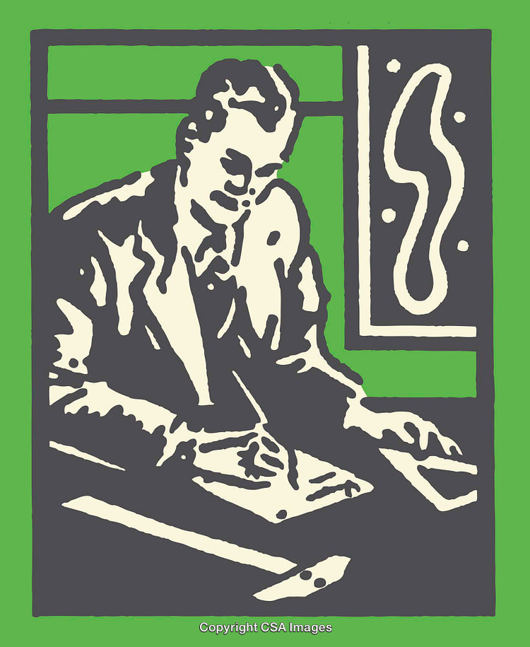 Vintage Stylized Illustration of a Man Writing at a Desk