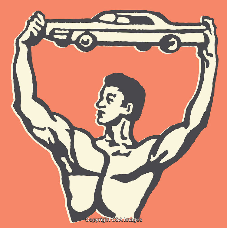 Strong Individual Lifting a Classic Car in Vintage Line Art Style